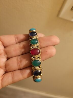 Vintage mixed metal cuff bracelet with multicolor cabochons
